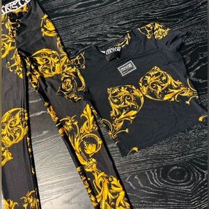 Versace Jeans Couture Black and Gold Baroque Print Logo Top & Leggings Set 2 S